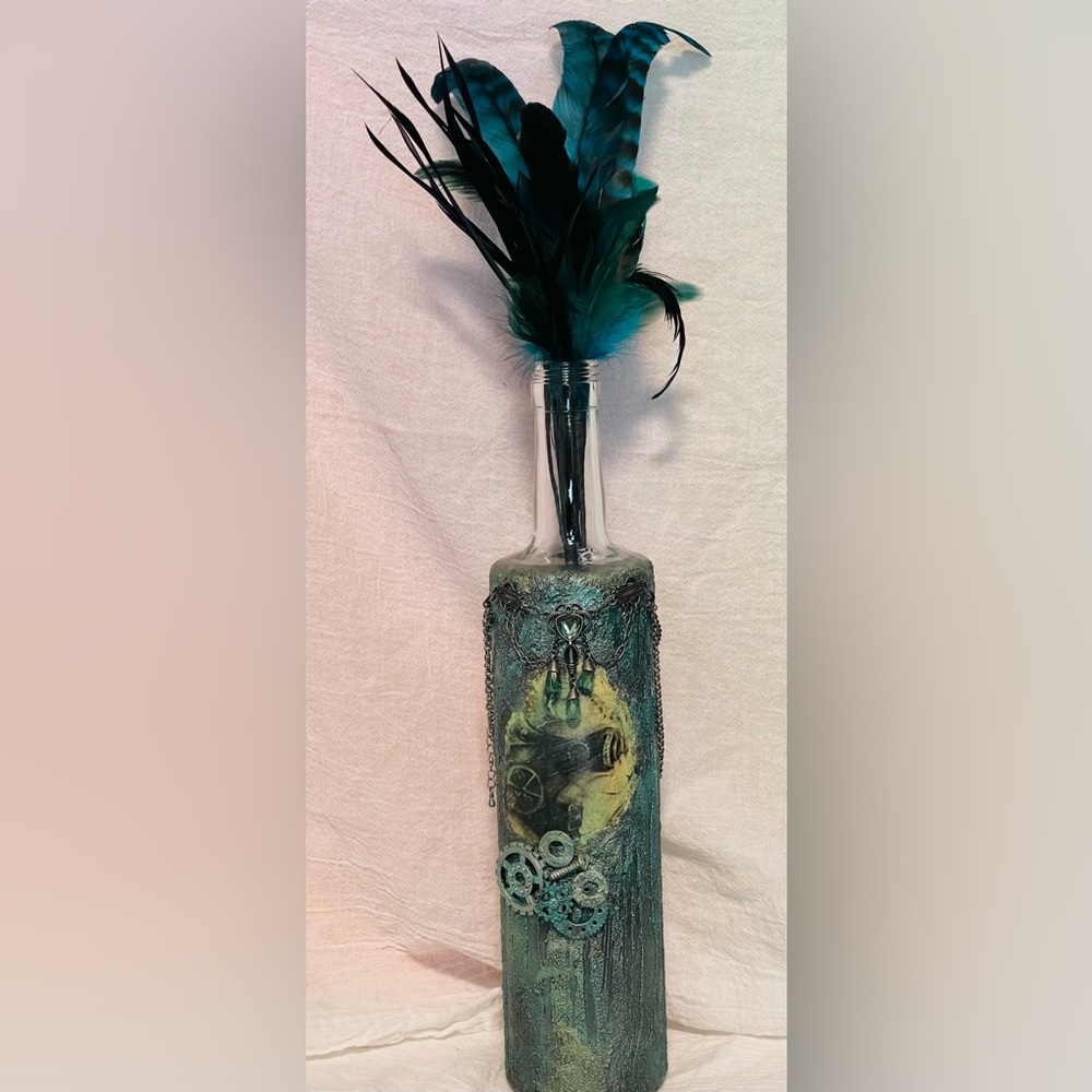 Steampunk Kitty Decorative Bottle with Gears Handcrafted - Picture 3 of 13
